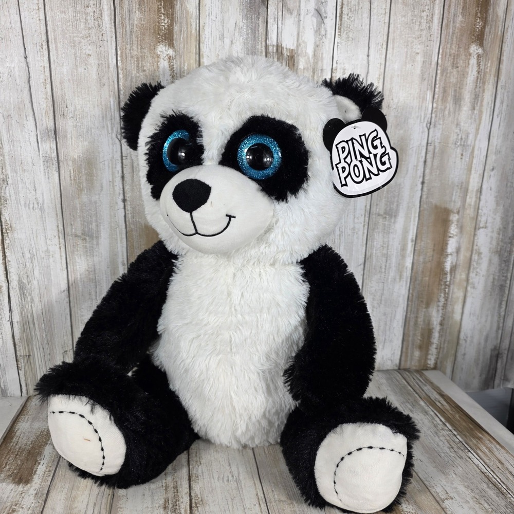 Toy Factory Ping Pong Panda Plush Black White Stuffed Animal Blue Glitter Eyes